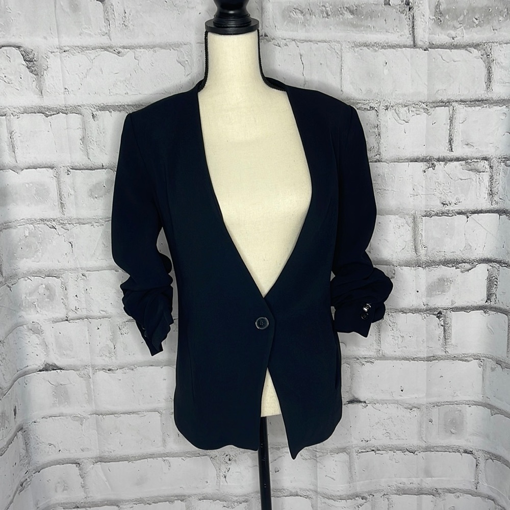 Zara Black Single Button Close Vest Like Bottom Ruched 3 Button Sleeves Blazer L